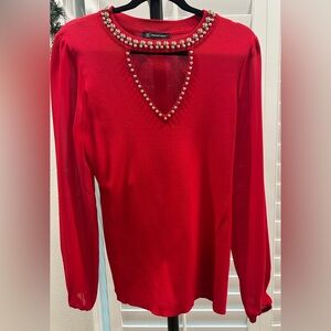 INC International Concepts Red V-Neck Sweater with Studded Detail